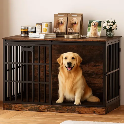 Petrova Mueble de jaula para perros de 47 pulgadas para perros grandes/medianos, resistente para interiores con etiqueta de nombre, jaula de madera
