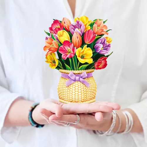 Miniatura 11 de Freshcut Paper Tarjetas Pop Up, Tulipanes Festivos, Ramo de Flores Eternas de Tamaño Real de 12 Pulgadas, Tarjeta de Felicitación Emergente 3D