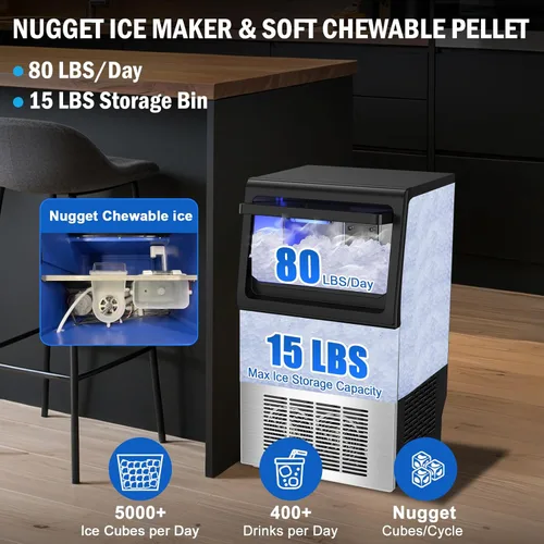 Miniatura 2 de Máquina de hielo de pepita, 80 libras/día con contenedor de almacenamiento de 15 libras, máquina de hielo independiente debajo del mostrador