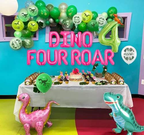 Miniatura 4 de LaVenty Globos de rugido de dinosaurio Rex para decoración de cumpleaños de 4 años, diseño de dinosaurio para niña