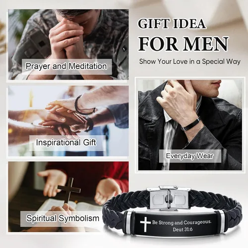Miniatura 2 de Pulsera de cuero para hombre, regalo de sobriedad para hombre: cita inspiradora/versículo bíblico grabado, pulsera trenzada negra para hombre