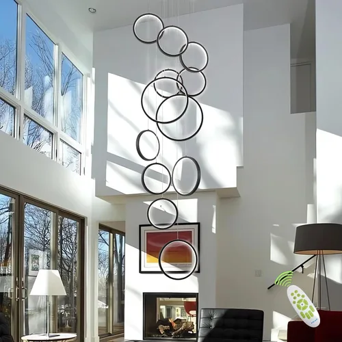 Miniatura 12 de Candelabro moderno para entrada para techos altos, lámpara moderna regulable dorada para escalera, de lujo, techo alto, lámpara colgante LED