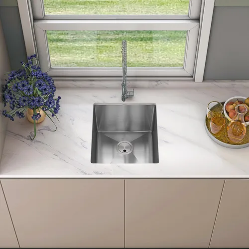 Sinber HU1517S-S Fregadero de cocina de un solo compartimento bajo encimera de 16" x 18" x 8" con acero inoxidable 304 calibre 18 acabado satinado