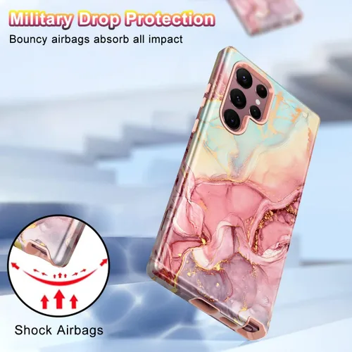Miniatura 4 de Btscase Funda para Samsung Galaxy S22 Ultra 5G, patrón de mármol 3 en 1, resistente a prueba de golpes, cuerpo completo, policarbonato duro