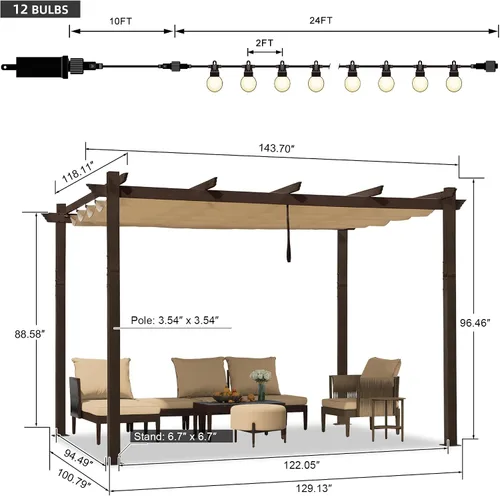 Miniatura 7 de PURPLE LEAF Pérgola de 10 x 12 pies con toldo retráctil, pérgola cuadrada de bronce de aluminio para patio al aire libre, junto a la piscina, beige
