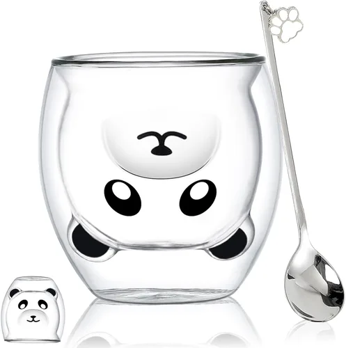 Miniatura 12 de Binoster Tazas Lindas de Oso Kawaii de Vidrio de Doble Pared para Café y Té, Taza de Yogur Divertida, Regalo Novedoso para Mujeres, Sus Amigas