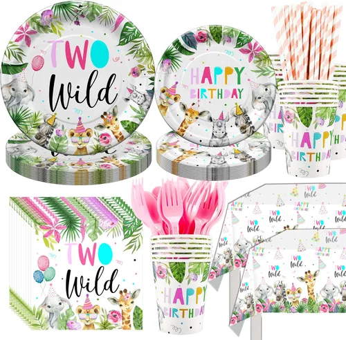 Dos suministros para fiesta de cumpleaños salvaje, vajilla para niña, temática de selva de safari, 2ª decoración, incluye plato, taza, servilleta,