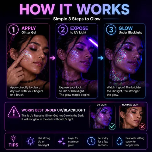 Miniatura 4 de 12 colores de gel con purpurina que brilla en la oscuridad, reactiva a la luz negra UV, para rostro y cuerpo, no necesita pegamento, grado cosmético