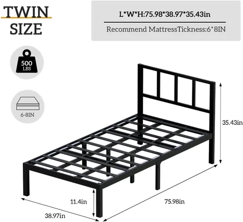 Miniatura 2 de Base de cama de bambú de tamaño individual con cabecero, plataforma, marco sólido y estable con listones antideslizantes, soporte alto, no requiere
