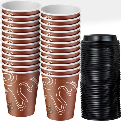Avant Grub Paquete de 100 tazas de café de papel de grado restaurante de 12 onzas con tapas de cúpula reciclables. Vasos desechables duraderos sin