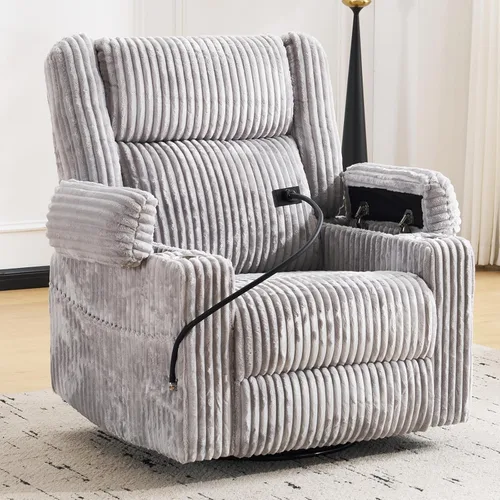 Miniatura 13 de Silla reclinable eléctrica de gran tamaño con masaje y calor, silla reclinable giratoria para adultos con almacenamiento de brazos, sillón Gris