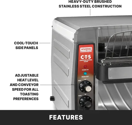 Miniatura 4 de Waring Tostadora comercial CTS1000B con transportador, más de 1000 rebanadas por hora, 208V, 2700W, enchufe de fase 6-20, plateado