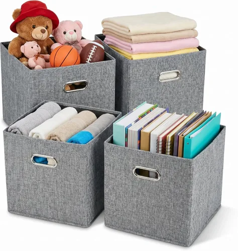 Cubos de almacenamiento de tela gris de 12 x 12 pulgadas, paquete de 4 cubos organizadores plegables con aspecto de lino con asas, cestas plegables