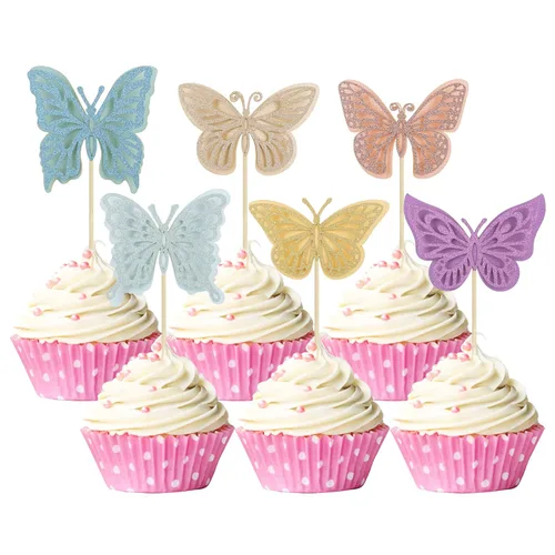 Miniatura 11 de Gyufise Paquete de 24 adornos de mariposa ensamblados con purpurina dorada, decoraciones de mariposa dorada, púas para cupcakes, bodas, 4-dorado