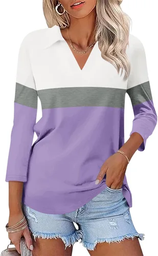 Miniatura 29 de TICTICMISS - Camisas polo de cuello en V para mujer, manga 3/4, con cuello, tops casuales de negocios, tops de verano a la moda, holgados