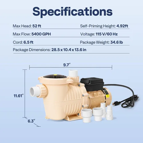 Miniatura 7 de VIVOHOME Potente motor de cobre de 1.5 HP 6500 GPH Bomba de piscina de doble voltaje autorecortable en/sobre el suelo con unión de 1.25 pulgadas