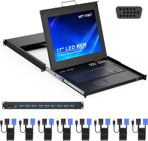 MT-Viki Conmutador KVM de montaje en rack de 17" VGA 8 puertos, monitor de montaje en rack KVM Fit 1U 19'' Rack, 23.622-31.496 in (23.6~31.8'') de