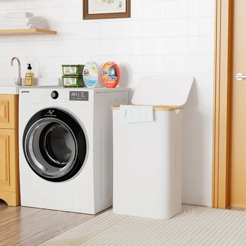 Miniatura 3 de SUOCO Cesta de lavandería con tapa, cesta de ropa de 29 galones (110 litros) con asas de bambú, cesta grande plegable para la ropa sucia para Blanco