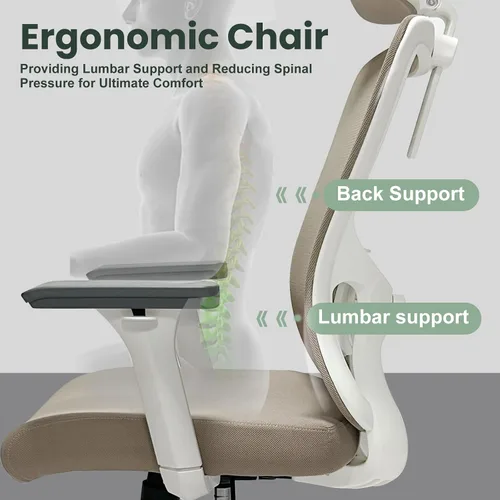 Miniatura 4 de Silla de oficina ergonómica - Silla de oficina de malla de 159 kg con soporte lumbar ajustable, silla de computadora de respaldo alto con Caqui