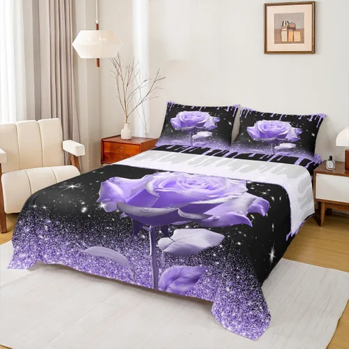 Miniatura 14 de Manfei Juego de sábanas de rosas rosas 3D tamaño individual, juego de ropa de cama brillante con purpurina rosa para decoración de habitación