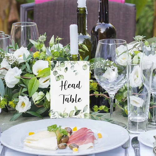 Miniatura 5 de Zonon 26 Piezas Tarjetas de Números de Mesa de Boda 1-25 con Números de Mesa Principal Tarjetas de Doble Cara de Follaje de Eucalipto Centros