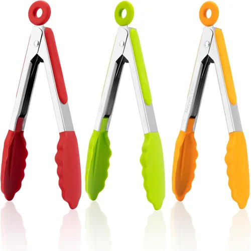 Pinzas pequeñas de silicona para cocinar, 3 pinzas de 7 pulgadas para servir, 600 °F, resistentes al calor, antiadherentes, de acero inoxidable con