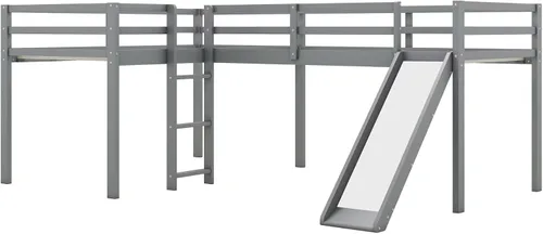 Miniatura 9 de Merax Cama doble tipo loft de tamaño individual con tobogán y escalera, marco de cama de madera en forma de L con barandilla de longitud completa