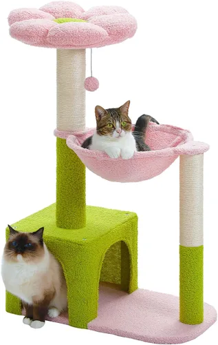Miniatura 14 de MUTTROS Árbol para gatos con flores con postes rascadores de sisal, linda torre para gatos de 35" con hamaca verde grande para gatos pequeños