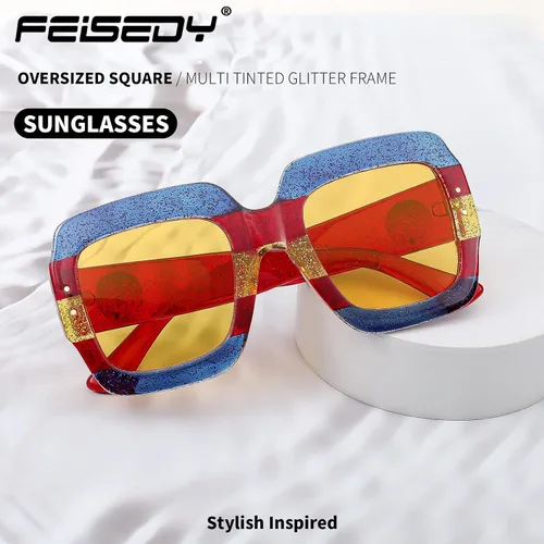 Miniatura 2 de Feisedy B2276 Gafas de sol cuadradas de gran tamaño con marco de brillantina multicolor