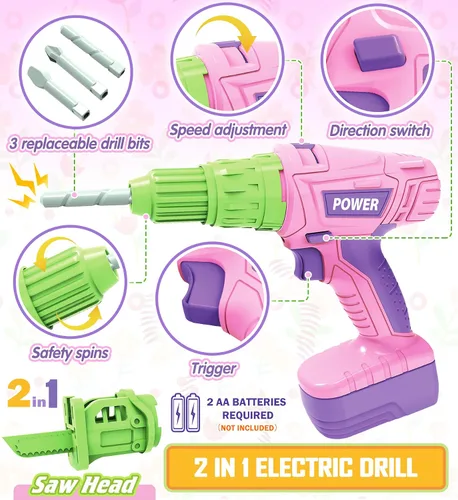 Miniatura 3 de Juego de herramientas para niños con taladro eléctrico, motosierra, herramientas de juguete para niñas, juego de herramientas realistas