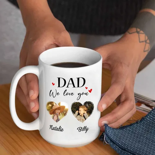 Miniatura 6 de Marco de fotos personalizado para niños, taza de café de regalo para papá y papá, taza de café blanca con texto en inglés "Dad We Love You", taza