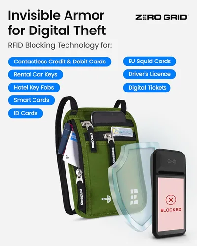 Miniatura 42 de Cartera para el cuello para viajes y pasaporte con bloqueo RFID, delgada y fácil de ocultar, bolsa de viaje de nailon para hombres y mujeres