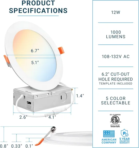 Miniatura 2 de PARMIDA - Paquete de 12 luces LED empotrables de 6 pulgadas regulables 5CCT ultrafina con caja de conexiones, 5 colores seleccionables