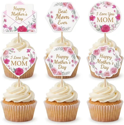 30 decoraciones para cupcakes para el Día de la Madre, para el Día de la Madre, color rosa, decoración de tartas, para fiesta de cumpleaños de la