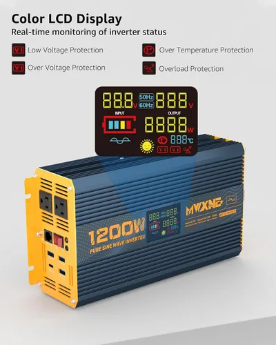 Miniatura 3 de Inversor de Potencia de Onda Sinusoidal Pura de 1200 Vatios DC 12V a 110V AC Convertidor con Dos Salidas de CA, Puertos USB de Carga Rápida