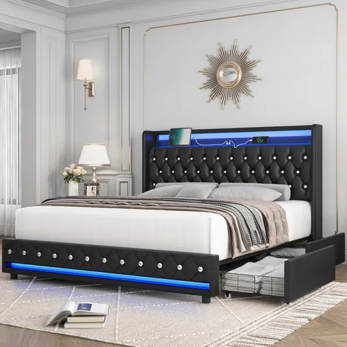 Miniatura 11 de HIFIT Marco de cama tapizada tamaño individual LED con cabecera de estación de carga y 4 cajones de almacenamiento, marcos de cama de plataforma