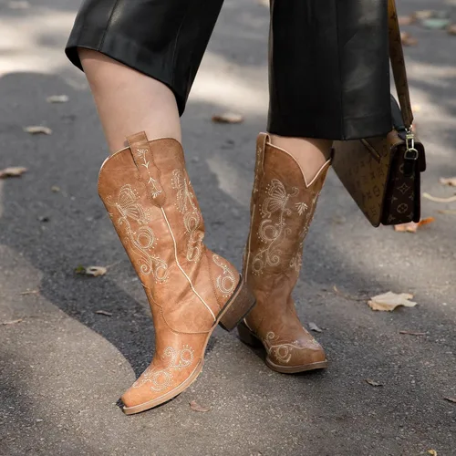Miniatura 4 de Rollda Botas vaqueras para mujer, botas vaqueras bordadas a media pantorrilla, botas occidentales para mujer, botas desgastadas con pestañas