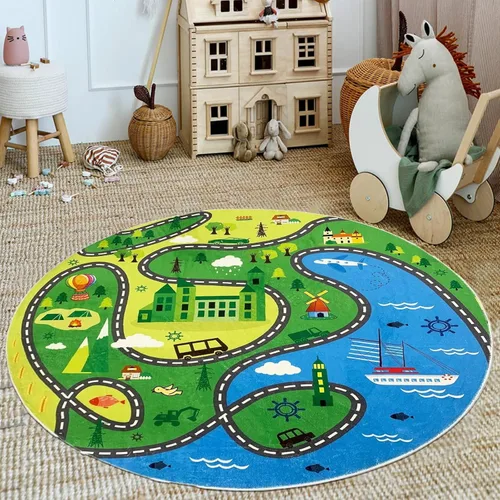 Miniatura 9 de ABREEZE Alfombras redondas para niños de 2.6 pies, de lana sintética, antideslizantes, alfombra para gatear, colorida, educativa y divertida