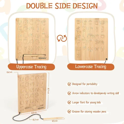 Miniatura 3 de Asweets Montessori - Tabla de trazado del alfabeto de madera, tablero de práctica de letras de madera, tableros de doble cara para niños pequeños