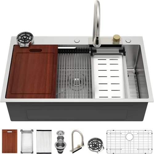Miniatura 28 de Sarlai 15 Fregadero de Barra de 15x15 Pulgadas para Cocina, Fregadero de Barra de Acero Inoxidable de Calibre 16, Estación de Trabajo con Repisa