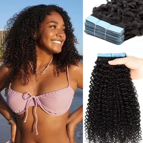 Miniatura 8 de Urbeauty 40 extensiones de cabello con cinta adhesiva, negro, ondulado, invisible, 100% cabello humano real, 3.53 oz/paquete, color negro natural