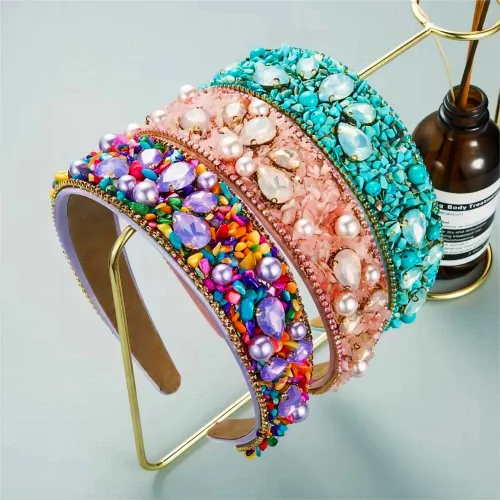 Miniatura 4 de Diademas turquesa para mujeres y niñas, banda ancha antideslizante para la cabeza, bandas para la cabeza con nudo superior, diadema de perlas de Azul