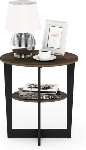 Miniatura 4 de Furinno JAYA Mesa auxiliar, mesa auxiliar redonda moderna de 2 niveles con mesa ovalada, mesita de noche, mesita de noche con estante abierto