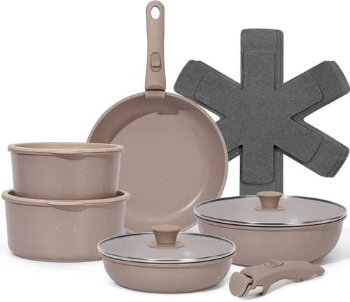 Miniatura 12 de SODAY Juego de 15 piezas de ollas y sartenes antiadherentes, juegos de utensilios de cocina con mango desmontable, herramientas de cocina RV Blanco