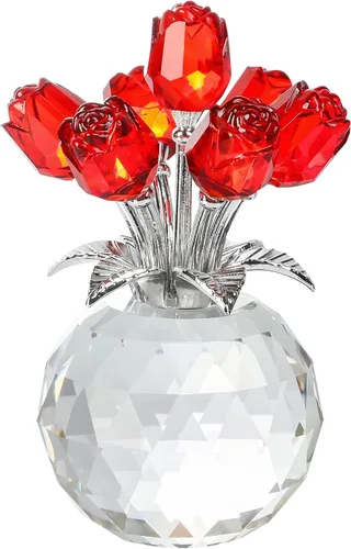 Miniatura 10 de YWHL Figurilla de Flor de Rosa Rosa de Cristal Hecha a Mano con Jarrón Redondo, Regalos de Rosas para Novia, Esposa, Hermana, Regalos Románticos