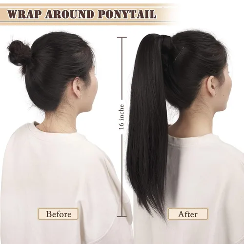 Miniatura 6 de BARSDAR Extensión de cola de caballo corta y recta - Extensiones de pelo con cordón de 16 pulgadas, rubio para mujeres - Extensiones de pelo Rubio