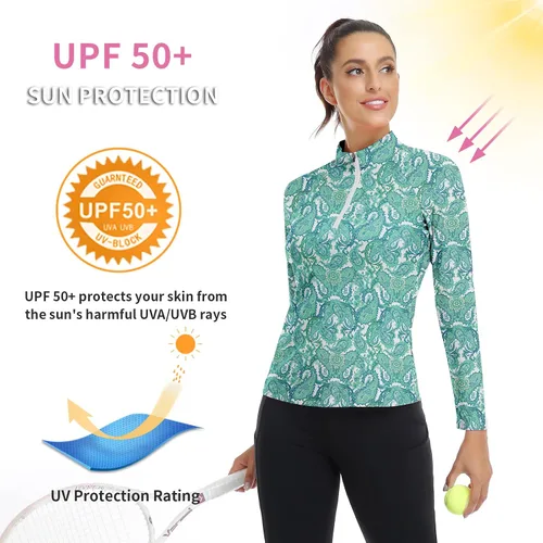 Miniatura 157 de WOWENY Camiseta deportiva de manga larga para mujer, con cremallera de un cuarto, cuello para entrenamiento, camiseta de tenis con estampado