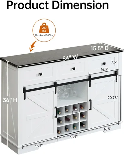 Miniatura 2 de Gabinete de buffet con almacenamiento, armario grande de 54 pulgadas para bar de vino y café con puertas correderas de granero, estante para vino