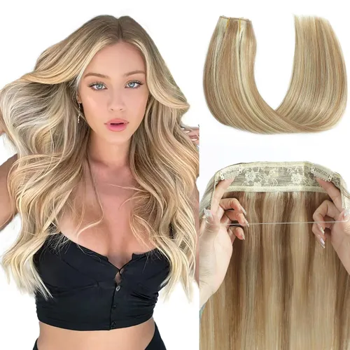 Miniatura 20 de Tinashe Extensiones de cabello humano real con alambre, lacio, 12 pulgadas, 2.47 onzas, rubio claro, con reflejos rubio dorado, extensiones