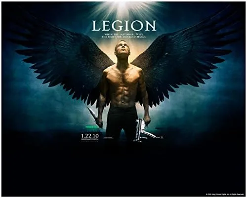 Legion Paul Bettany looking up with wings spread, holding knife and gun with Legion logo 8 x 10 Inch Photo